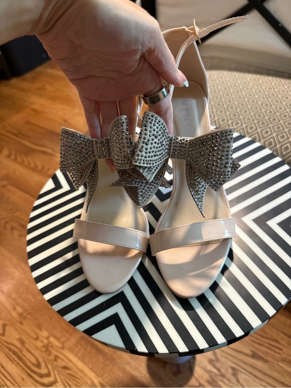VENUS Blush Patent Open-Toe Heels with Crystal Bow
